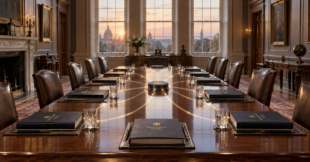 Georgian boardroom at dawn with completed management books at every seat, an image of AI management reporting automation
