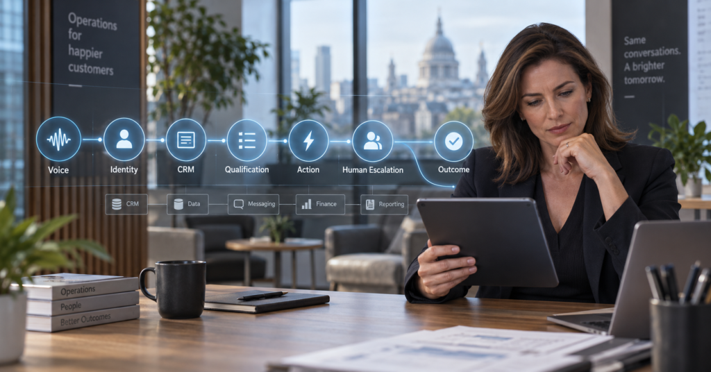 Enterprise voice agent: Diagram of the customer journey enterprise voice agents follow, from voice and identity through CRM lookup to human escalation and outcome