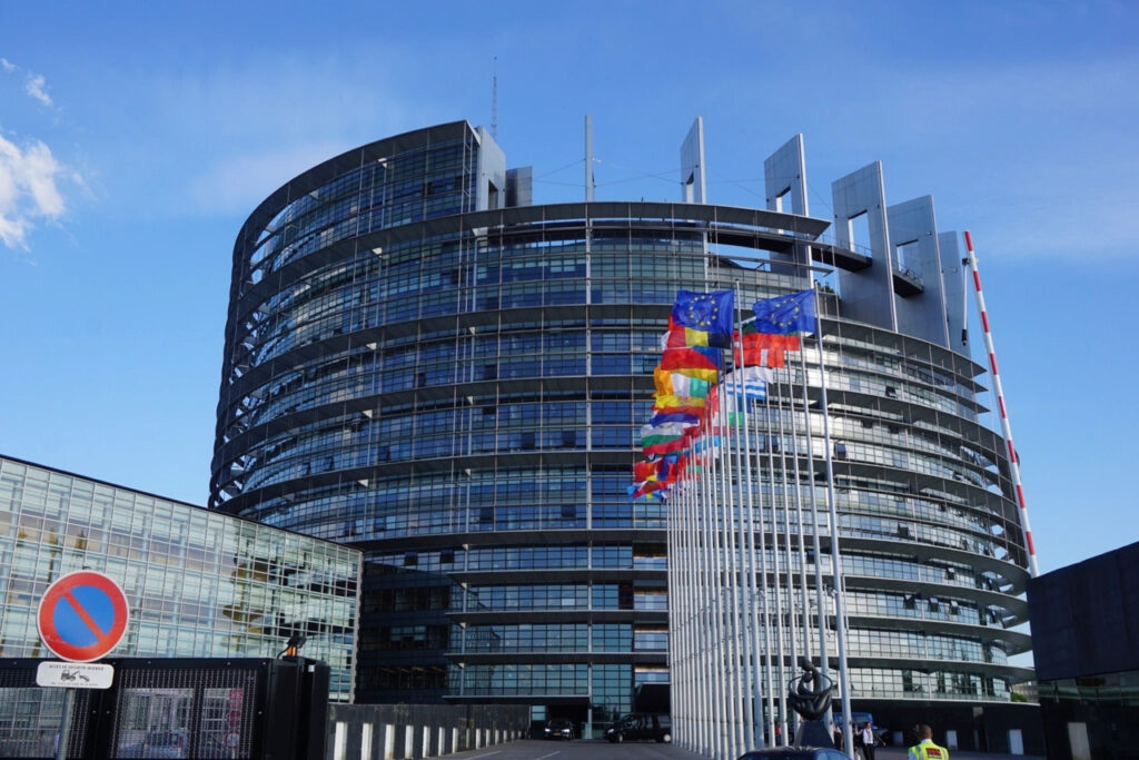 European Parliament building in Strasbourg with flags